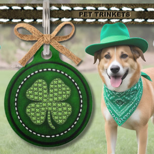 Irish Green Four Leaf Clover On Stitched Leather Pet Tag
