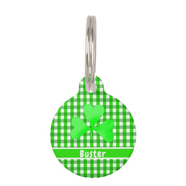 Irish Green Gingham Plaid Patterned Pet Tag (Front)