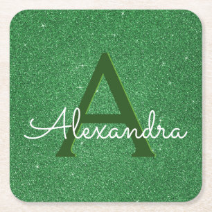 Irish Green Glitter & Sparkle Monogram Square Paper Coaster