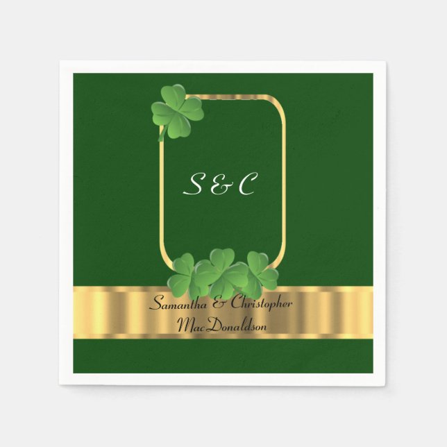 Irish green, gold and shamrock wedding napkin (Front)