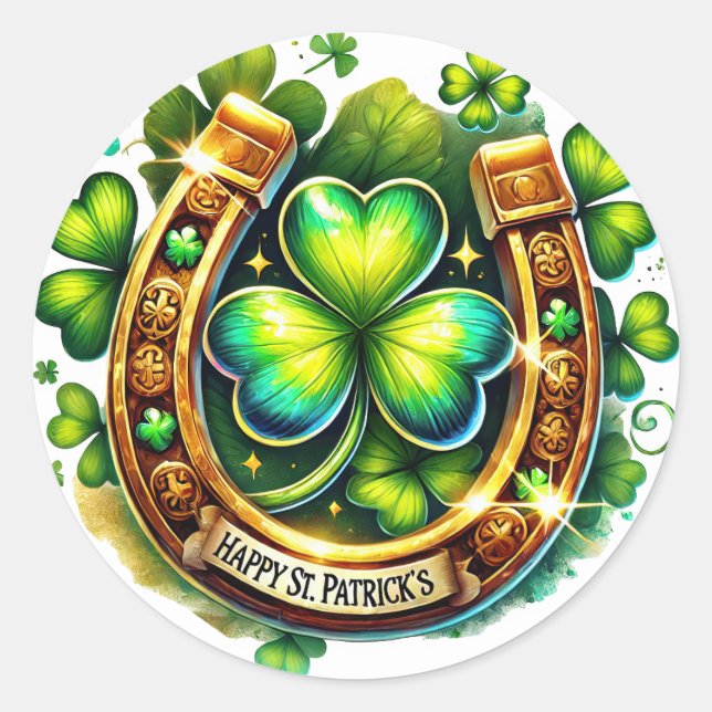 Irish Green Horseshoe Shamrocks Illustration Classic Round Sticker (Front)