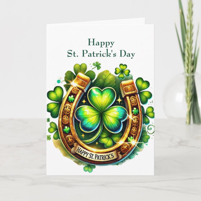 Irish Green Horseshoe Shamrocks Illustration Holiday Card (Front)