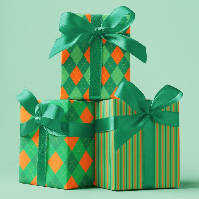 Irish Green & Orange St. Patrick's Day Patterns Wrapping Paper Sheet (Elegant Green and Orange Argyle and Stripes Patterned Wrapping Paper for St Patrick's Day Party.)