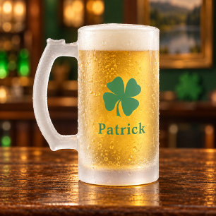 Irish Green Shamrock Custom First Name Frosted Glass Beer Mug