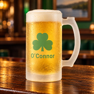 Irish Green Shamrock Custom Last Name Frosted Glass Beer Mug