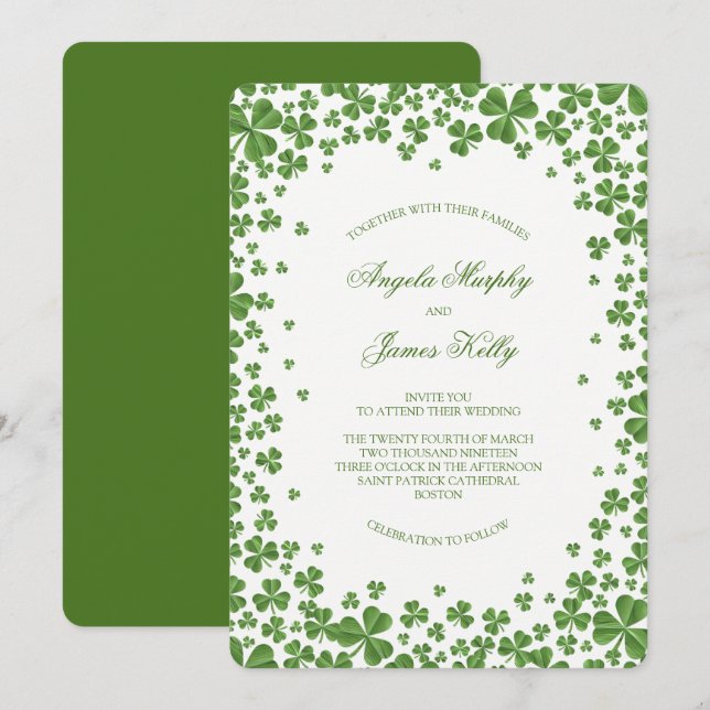 Irish Green Shamrock Wedding Invitation (Front/Back)