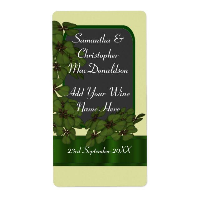 Irish green shamrock wedding wine bottle (Front)