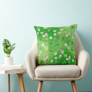 IRISH GREEN SHAMROCKS AND TINY PINK FLOWERS CUSHION