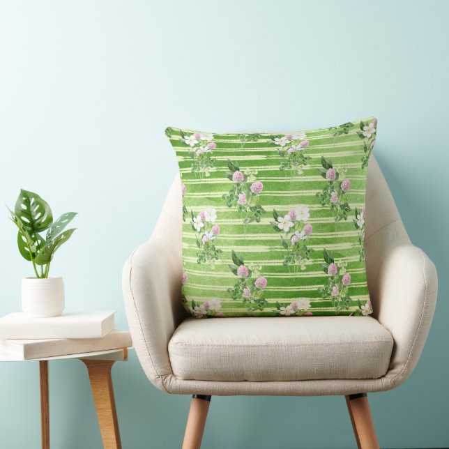 IRISH GREEN SHAMROCKS AND TINY PINK FLOWERS CUSHION (Chair)
