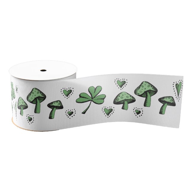 Irish Green Shamrocks Hearts and Mushrooms 3" Grosgrain Ribbon (Spool)