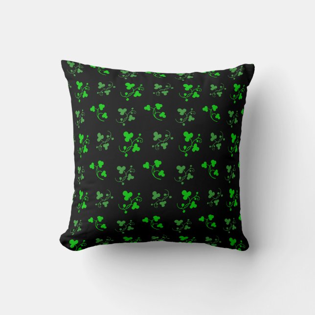 Irish Green Shamrocks on Black Pillow (Front)