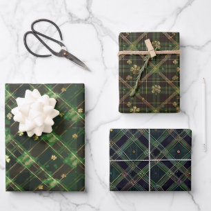 Irish Green St. Patrick Tartan Plaid set 3 Wrapping Paper Sheet