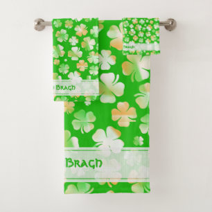 Irish Green/White/Orange Random Shamrocks Pattern Bath Towel Set