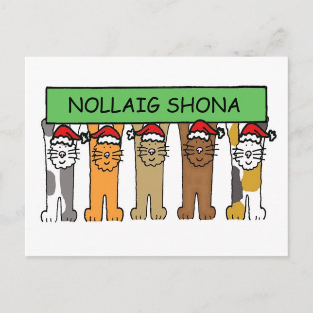 Irish Happy Christmas Cartoon Cats Holiday Postcard (Front)