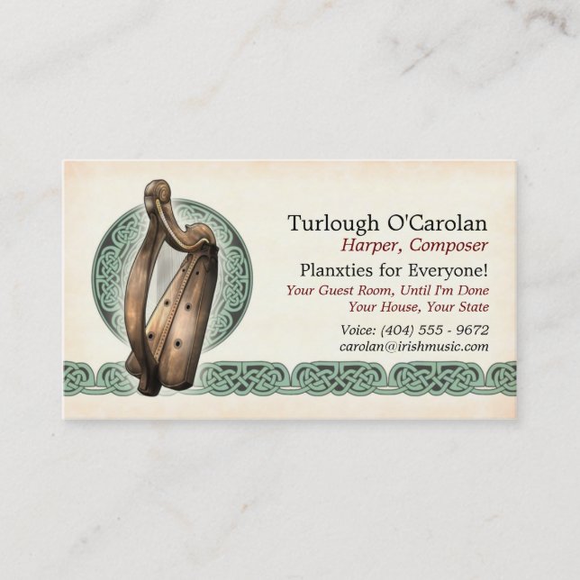 Irish Harp Business Cards, Style 1, Horizontal Card (Front)
