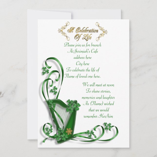 Irish Harp "Celebration of Life" Invitation (Front)