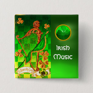 IRISH HARP, GREEN GOLD SHAMROCKS St Patrick's Day 15 Cm Square Badge
