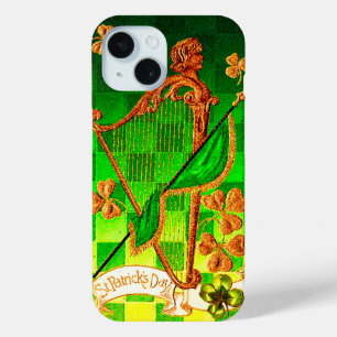 IRISH HARP, GREEN GOLD SHAMROCKS St Patrick's Day iPhone 15 Case