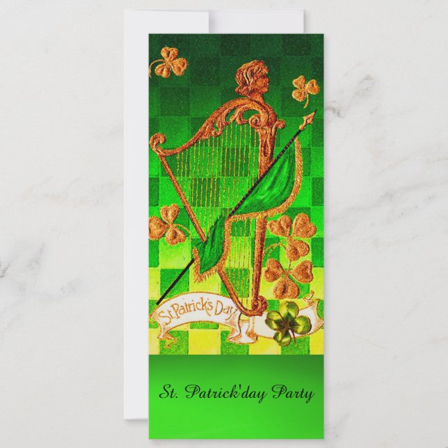 IRISH HARP, GREEN GOLD SHAMROCKS St Patrick's Day Invitation (Front)