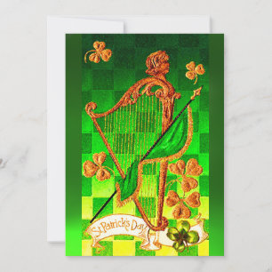IRISH HARP, GREEN GOLD SHAMROCKS St Patrick's Day Invitation