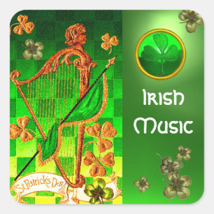 IRISH HARP, GREEN GOLD SHAMROCKS St Patrick's Day Square Sticker