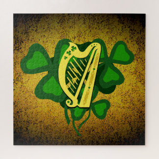 Irish harp shamrock, green shamrocks 4 leaf clover jigsaw puzzle