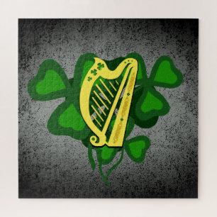 Irish harp shamrock, green shamrocks 4 leaf clover jigsaw puzzle