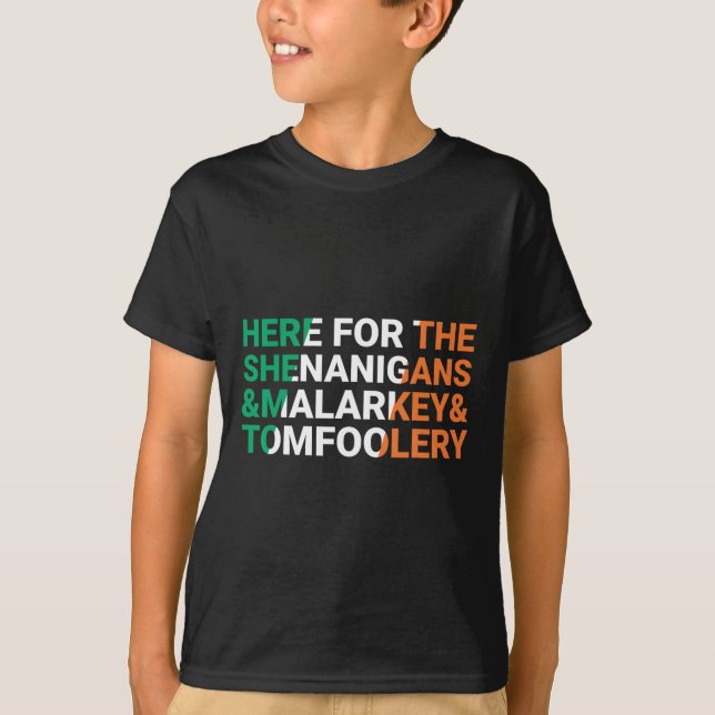 Irish Here For The Shenanigans Malarkey And Tomfoo T-Shirt (Front)