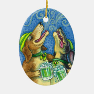 IRISH HOUND DOGS, ST. PATRICK'S DAY GREEN BEER CERAMIC TREE DECORATION