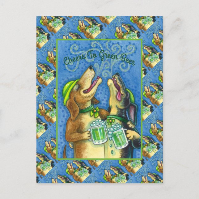 IRISH HOUND DOGS, ST. PATRICK'S DAY GREEN BEER POSTCARD (Front)
