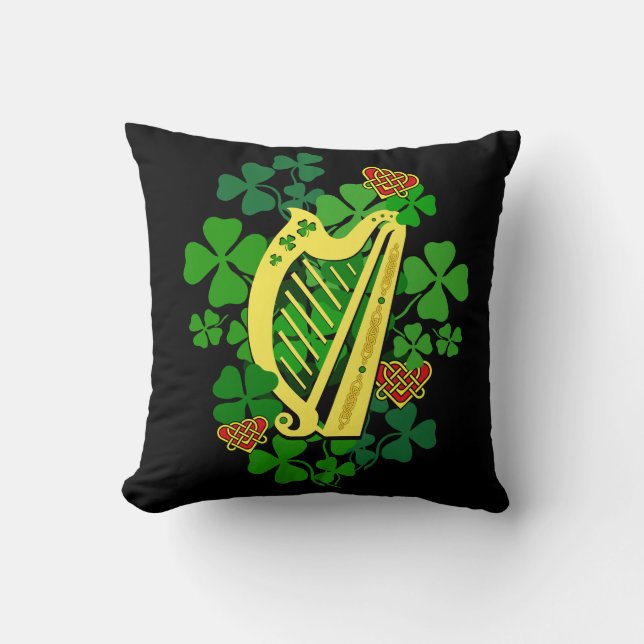 Irish/Ireland Shamrock, Harp, Celtic heart, black Cushion (Front)