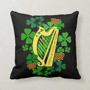 Irish/Ireland Shamrock, Harp, Celtic heart, black Cushion