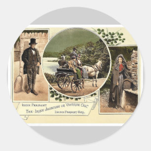 Irish Jaunting Car and Peasants. Co. Galway, Irela Classic Round Sticker