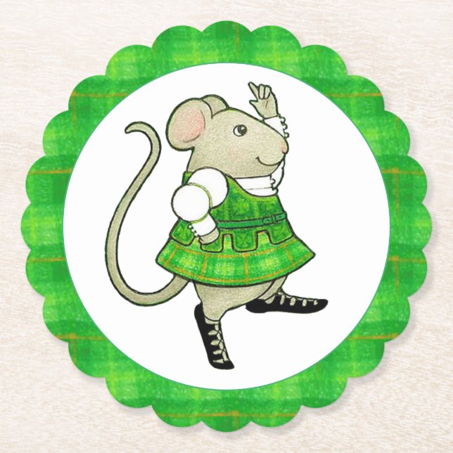 IRISH JIG MOUSE Scalloped Round Paper Coasters II (Front)
