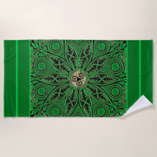 Irish Kelly Green Triskele Mandala Beach Towel