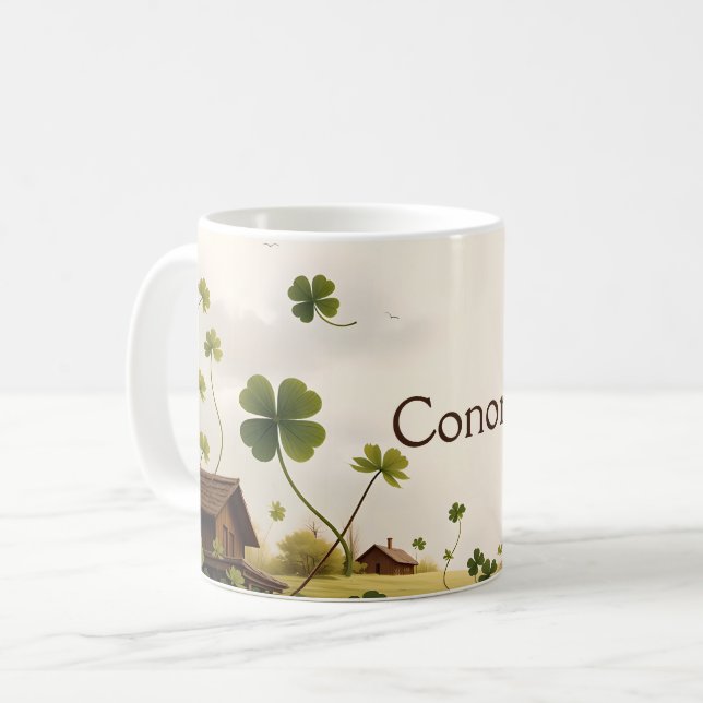 Irish Landscape with Cottages and Shamrocks Coffee Mug (Front Left)