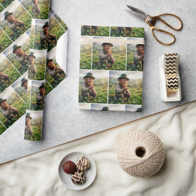 Irish Leprechaun Admiring a Gold Coin Wrapping Paper (Crafts)