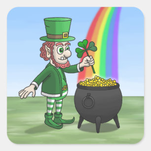 Irish leprechaun and the pot full of gold square sticker