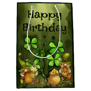 Irish Leprechaun Gnomes and Clovers Happy Birthday Medium Gift Bag