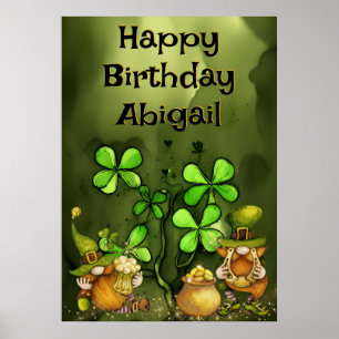 Irish Leprechaun Gnomes and Clovers Happy Birthday Poster