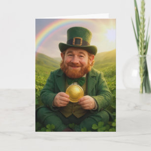 Irish Leprechaun Holding a Gold Coin Card