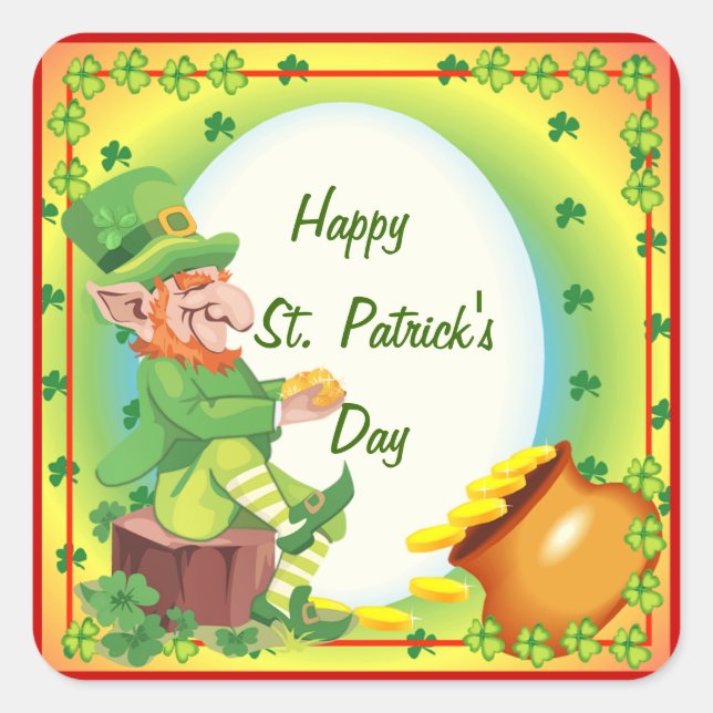 Irish Leprechaun Pot of Gold Square Sticker (Front)
