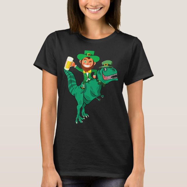 Irish Leprechaun Riding Dinosaur Beer Lover St Pat T-Shirt (Front)