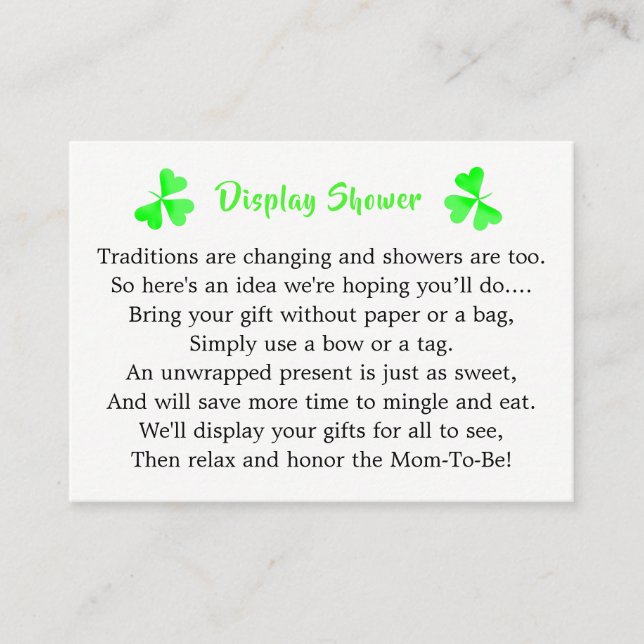 Irish Leprechaun Shamrock Baby Shower Display Enclosure Card (Front)
