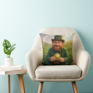 Irish Leprechaun With Gold Coin and Rainbow Cushion