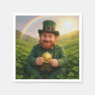 Irish Leprechaun With Gold Coin and Rainbow Napkin