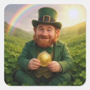 Irish Leprechaun With Gold Coin and Rainbow Square Sticker