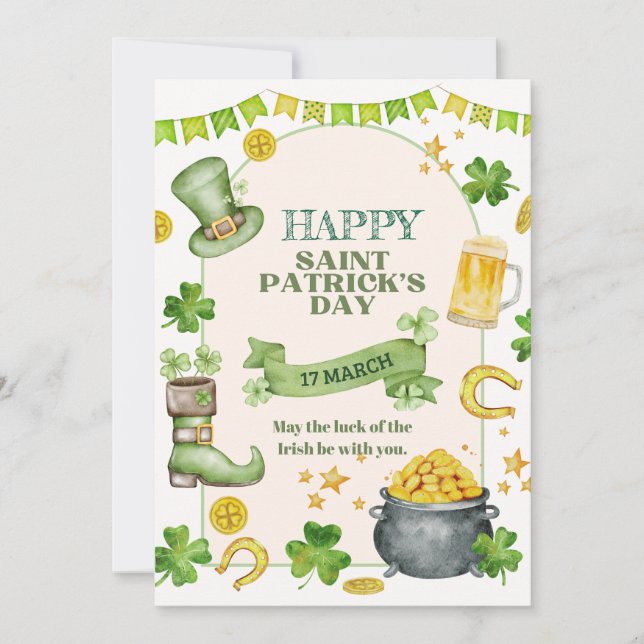 Irish Luck, Shamrocks & Gold Pot St. Patrick’s Day Holiday Card (Front)