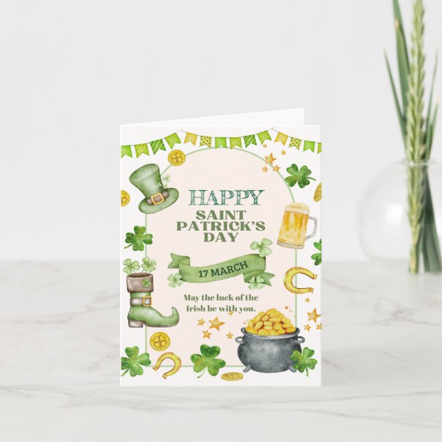 Irish Luck, Shamrocks & Gold Pot St. Patrick’s Day Holiday Card (Front)
