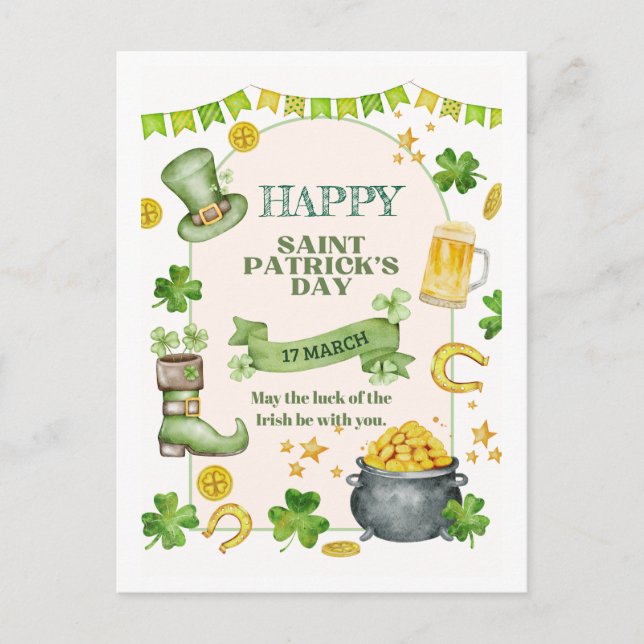 Irish Luck, Shamrocks & Gold Pot St. Patrick’s Day Holiday Postcard (Front)
